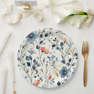 Hostess Garden Party Blue Floral Watercolor  Paper Plate