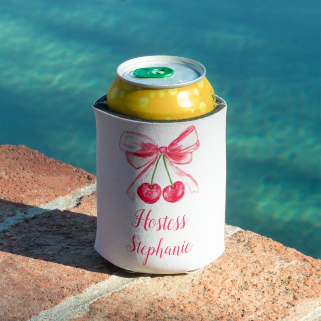 Hostess Pink Bow Coquette Name Wedding Button Can Cooler (In Situ Pool)