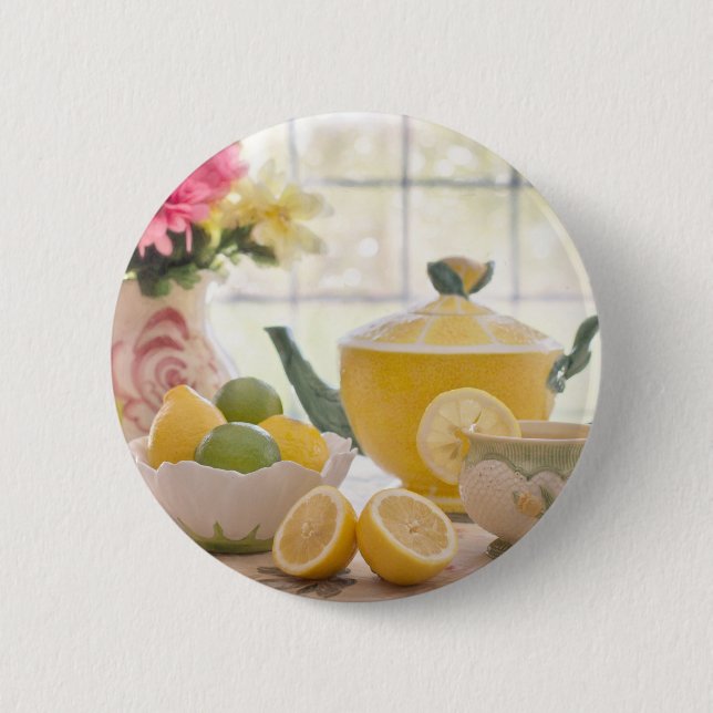 Hot Afternoon Tea with Fresh Lemons 2 Inch Round Button (Front)