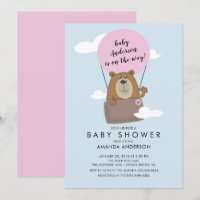 Hot Air Ballon Bear Girls Baby shower Invitation