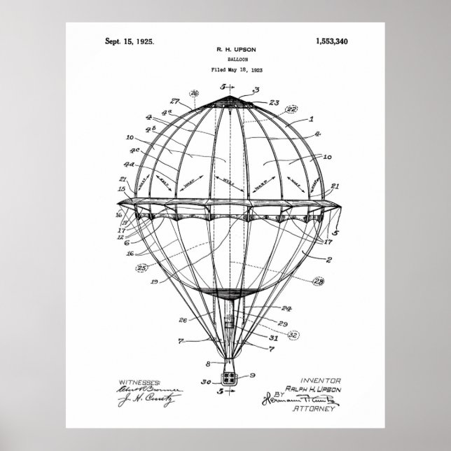 Hot Air Balloon 1925 Brevet Poster Art Blanc (Devant)
