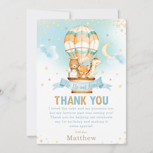 Hot Air Balloon 1st Birthday Woodland Animals Boy Thank You Card (Front)