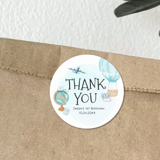 Hot Air Balloon Adventure Blue 1st Birthday Thanks Classic Round Sticker