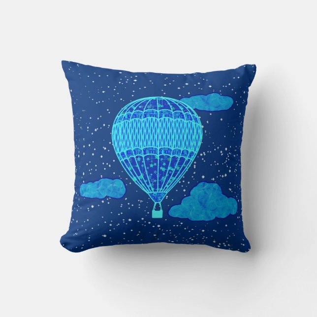 Hot Air Balloon Against a Night Sky in Deep Blue Throw Pillow (Front)