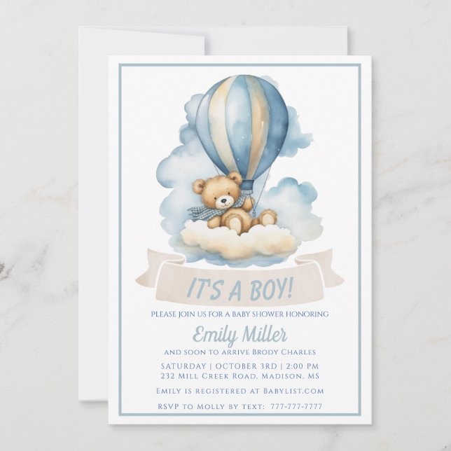 Hot Air Balloon and Bear Baby Shower Invitation (Front)