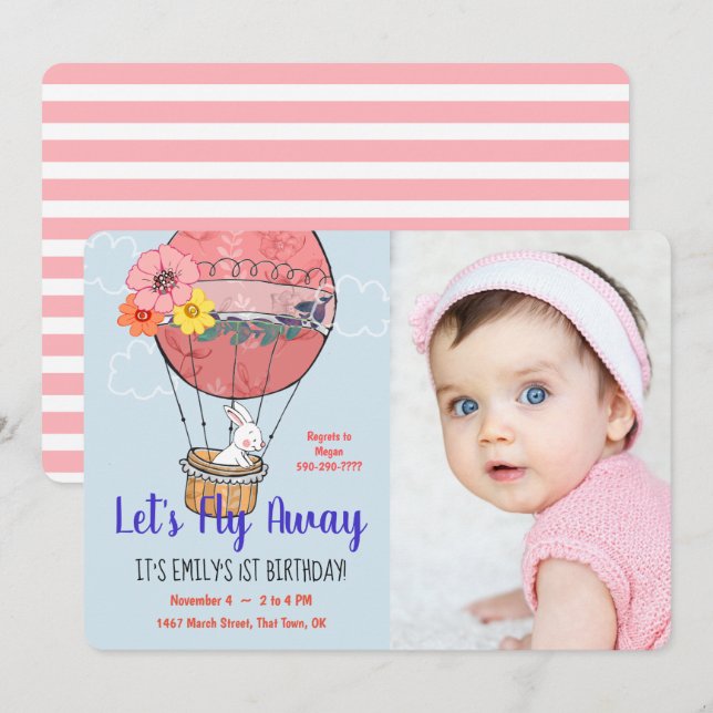 Hot Air Balloon and Bunny First Birthday Invitation (Front/Back)