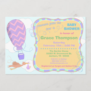 Hot Air Balloon and Stork with Baby Shower Invite