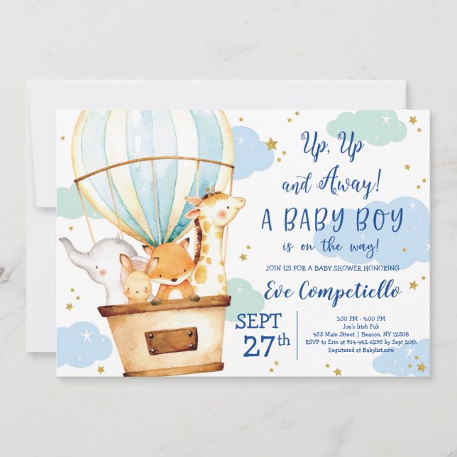 Hot Air Balloon Animals Baby Shower Invitation (Front)