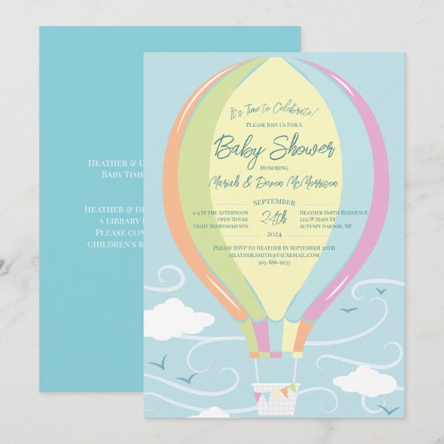 Hot Air Balloon Baby Shower Blue Rainbow Invitation (Front/Back)