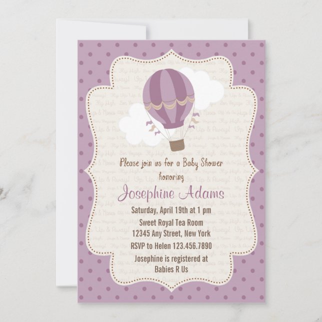 Hot Air Balloon Baby Shower Invitation Purple (Front)