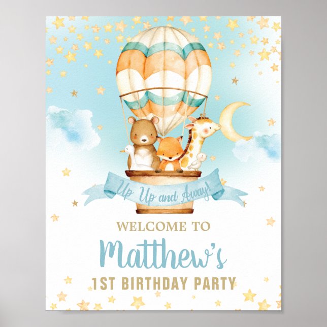 Hot Air Balloon Birthday Cute Animals Welcome Poster (Front)