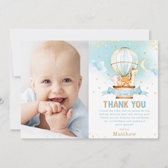 Hot Air Balloon Birthday Jungle Animals Boy Photo Thank You Card (Front)