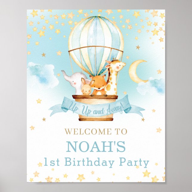 Hot Air Balloon Birthday Jungle Animals Welcome Poster (Front)