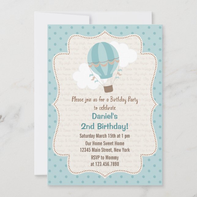 Hot Air Balloon Birthday Party Invitation Blue (Front)