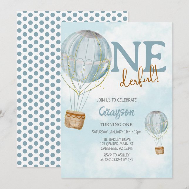 Hot Air Balloon Blue 1st Birthday Invitation (Front/Back)