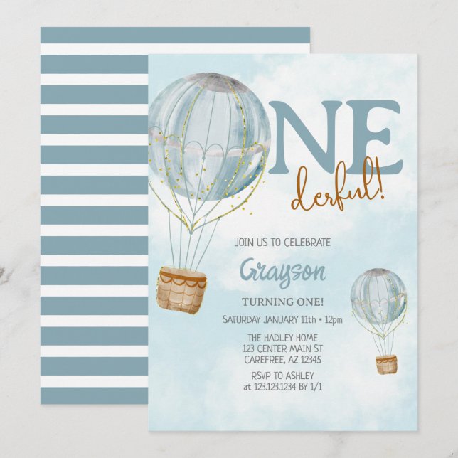 Hot Air Balloon Blue 1st Birthday Invitation (Front/Back)