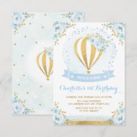 Hot Air Balloon Blue Gold Floral Rose 1st Birthday