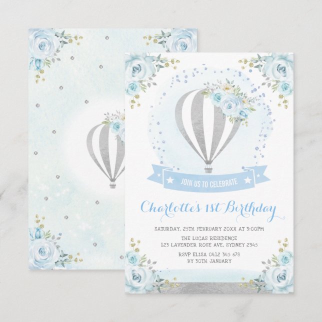 Hot Air Balloon Blue Silver Floral 1st Birthday Invitation (Front/Back)