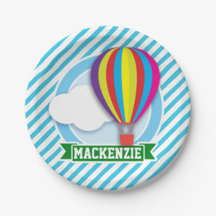 Hot Air Balloon; Blue & White Stripes Paper Plate