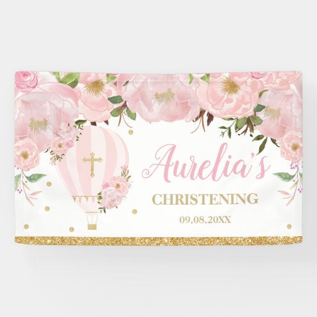 Hot Air Balloon Blush Pink Floral Backdrop Welcome Banner (Horizontal)
