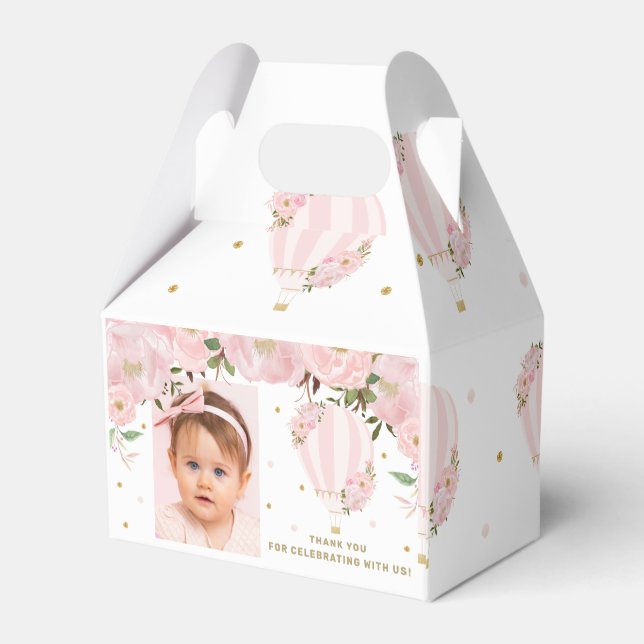 Hot Air Balloon Blush Pink Floral Photo Thank You  Favor Box (Back Side)
