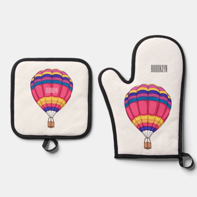 Hot air balloon cartoon illustration  oven mitt & pot holder set (Front)
