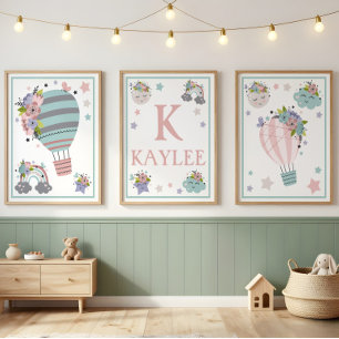 Hot Air Balloon Cloud, Rainbow, Moon Art Print Set
