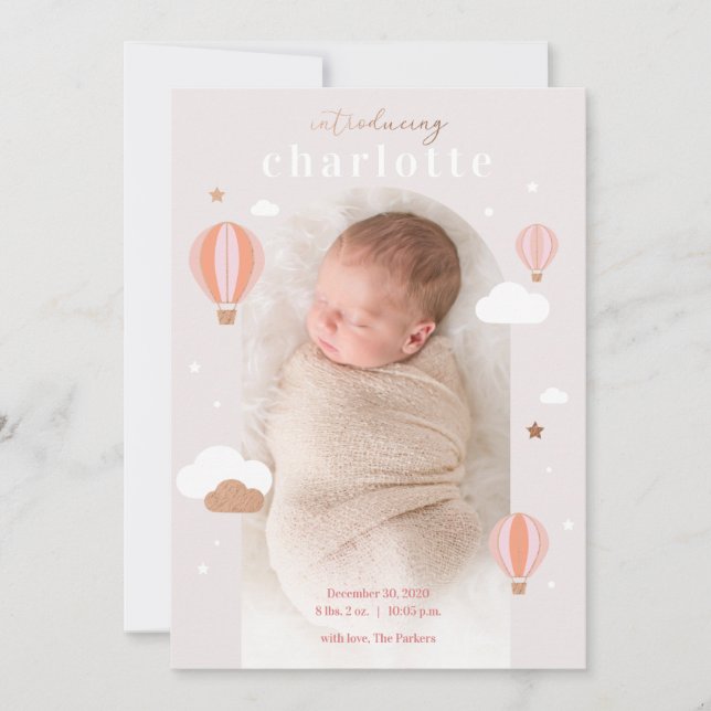Hot Air Balloon Clouds Stars Newborn Baby Birth Announcement (Front)