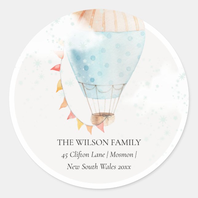 Hot Air Balloon Clouds Stars We have Moved Address Classic Round Sticker (Front)