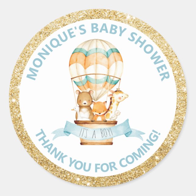 Hot Air Balloon Cute Animals Baby Shower Thank You Classic Round Sticker (Front)