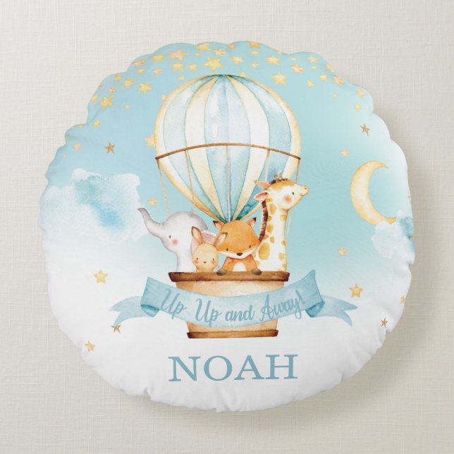 Hot Air Balloon Cute Animals Boy Nursery Decor Round Pillow (Front)