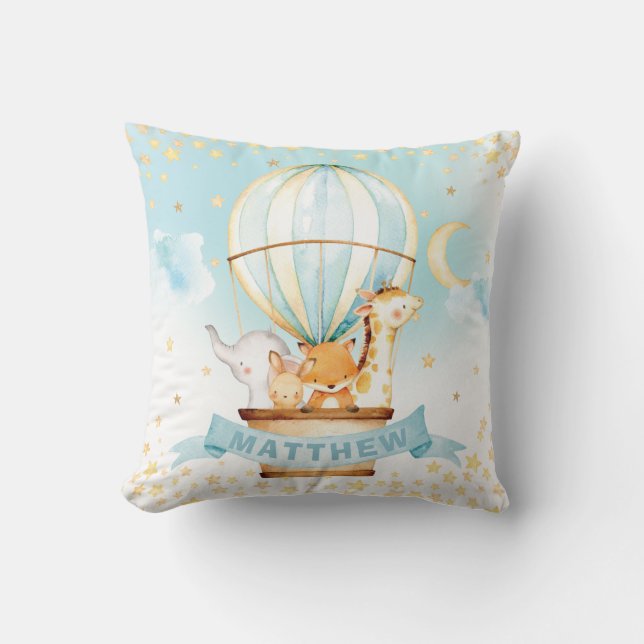 Hot Air Balloon Cute Animals Boy Nursery Decor Throw Pillow (Front)