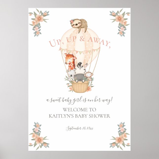 Hot Air Balloon Cute Animals Giraffe Sloth Zebra Poster (Front)