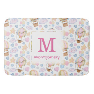 Hot Air Balloon Cute Watercolor Pattern Monogram Bath Mat