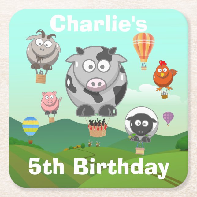Hot Air Balloon Farm Animals Custom Birthday Square Paper Coaster (Front)