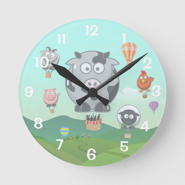 Hot Air Balloon Farm Animals Kids Round Clock (Front)