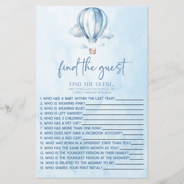 Hot Air Balloon Find The Guest Baby Shower Game (Front)