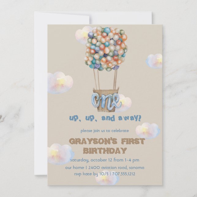 Hot Air Balloon garçon 1er Anniversaire Invitation (Devant)