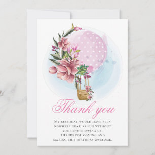 Hot Air Balloon Girl Birthday Thank you Card