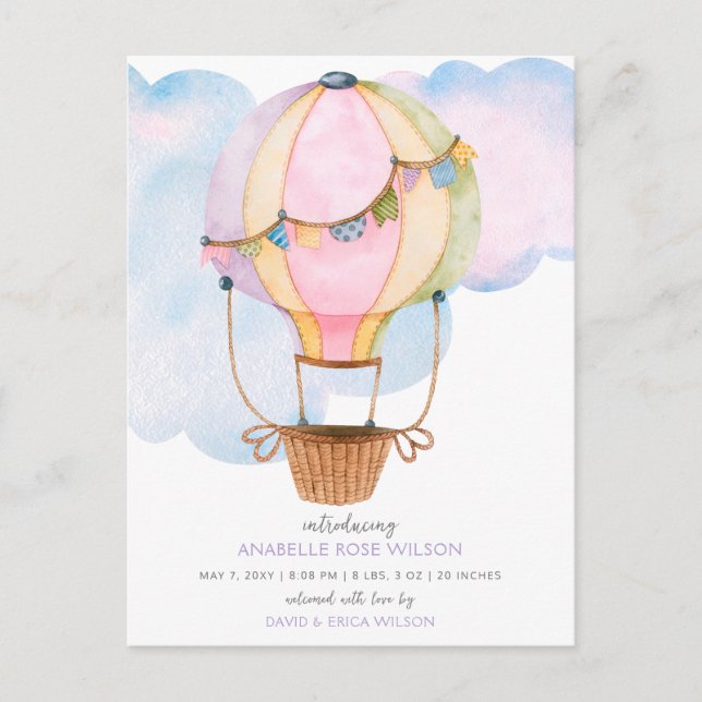 Hot Air Balloon Girl Photo Birth Announcement Postcard (Front)