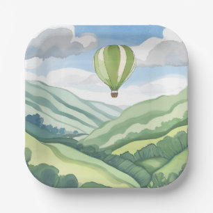 Hot Air Balloon Green Watercolor Landscape Paper Plate