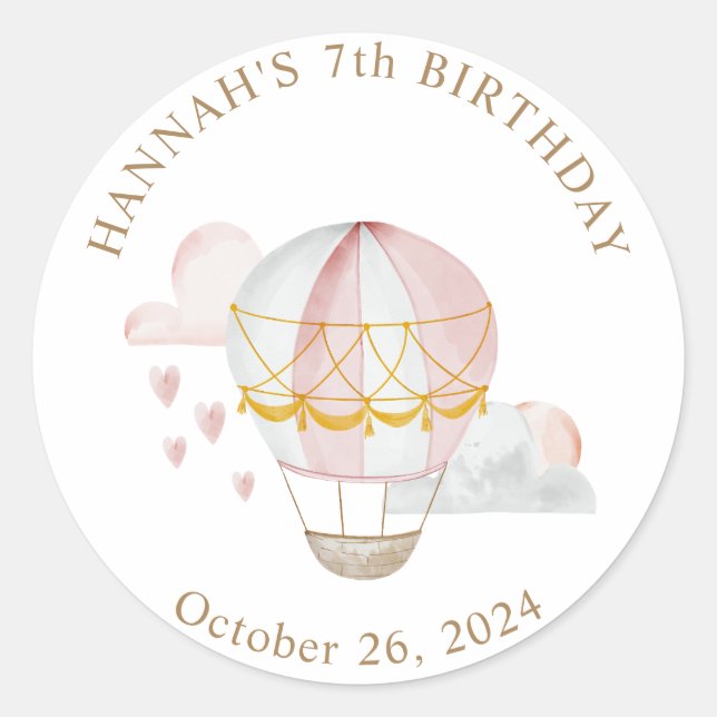 Hot Air Balloon Hearts Birthday Classic Round Sticker (Front)