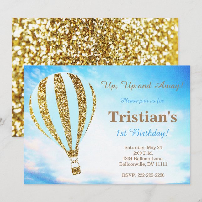 Hot air balloon invitation in blue and gold (Front/Back)