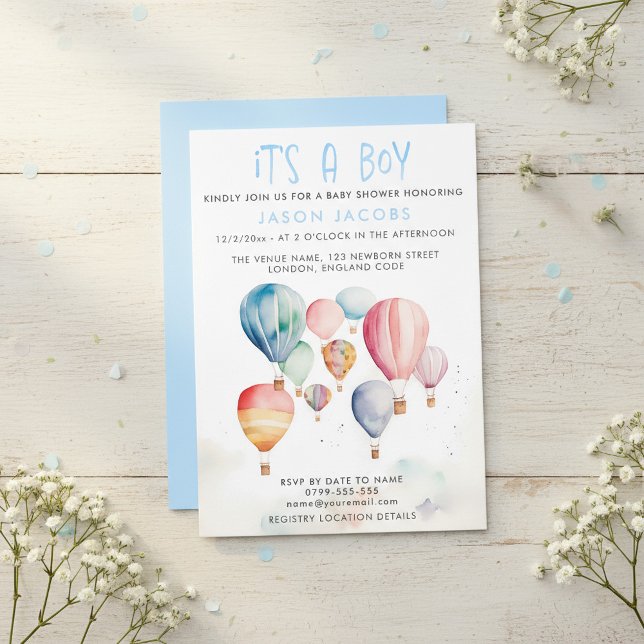 Hot Air Balloon It's a boy baby shower Invitation (Hot Air Balloon It's a boy baby shower Invitation.)