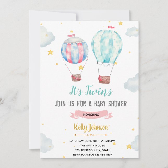 Hot air balloon it's twins shower invitation (Front)