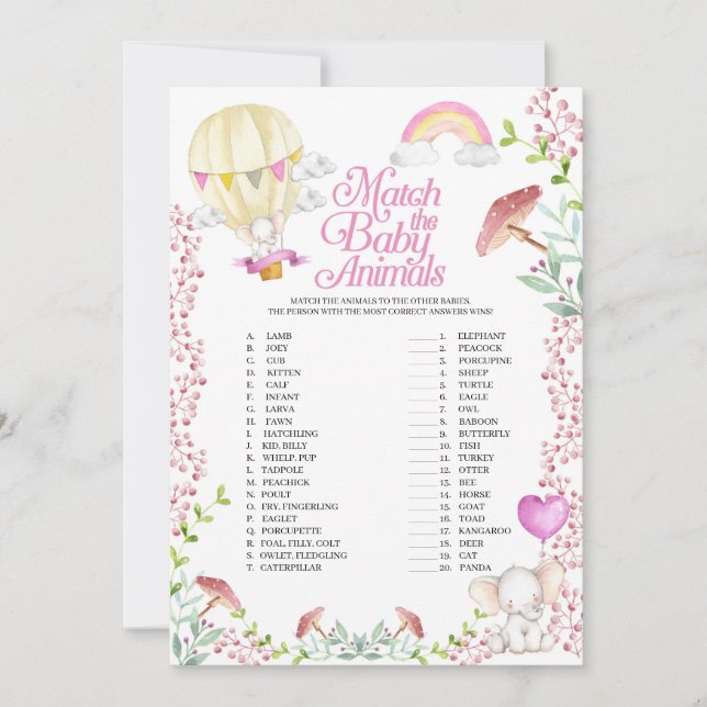 Hot Air Balloon Match The Baby Animals Game Invitation (Front)