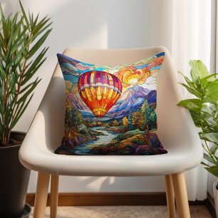 Hot Air Balloon Mountains Stained Glass Throw Pillow