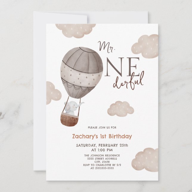 Hot Air Balloon Mr. ONEderful Boy 1st Birthday Invitation (Front)