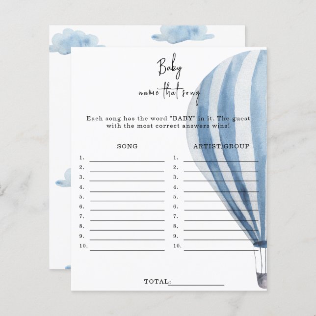 Hot air balloon - Name that song baby shower game (Front/Back)