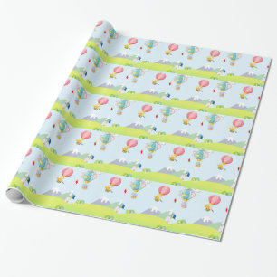 Hot air balloon on pastel blue background. wrapping paper